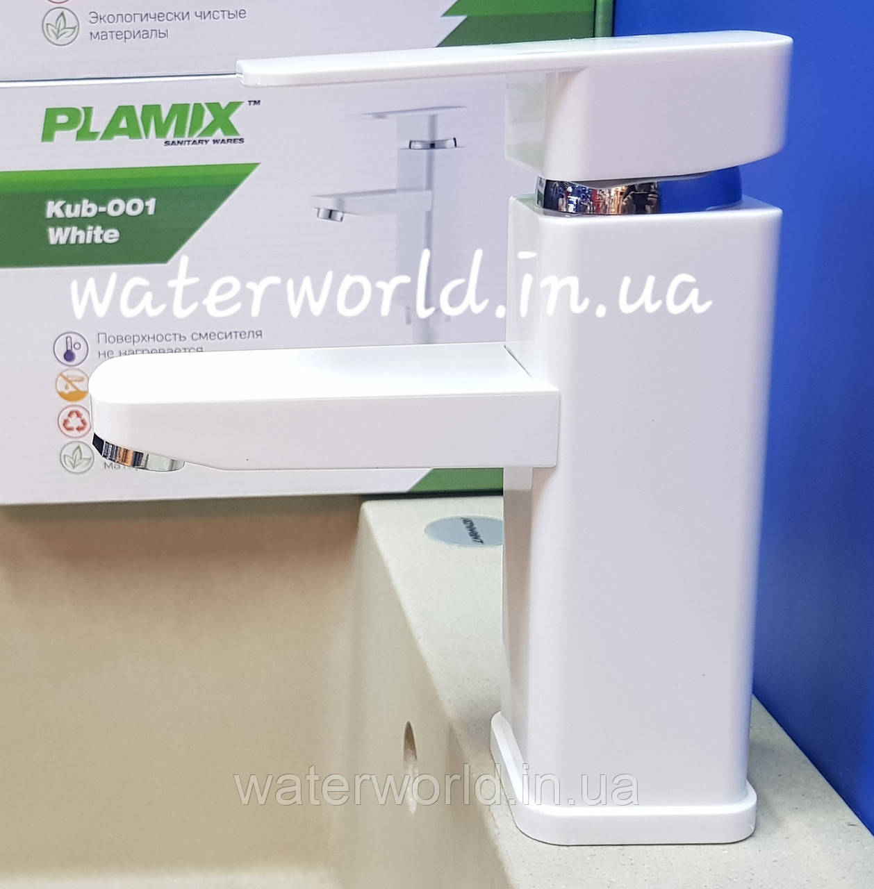 Змішувач для умивальника Plamix Kub-001 White із термопластику білого кольору, фото 1