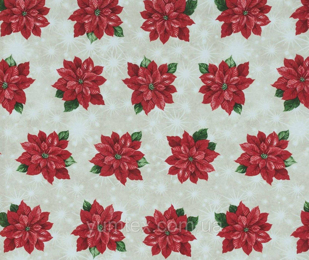 ДЕКОРАТИВНА НОВОГОДНЯ ТКАНИНА для скатертин ранерів серветок і декору ГАРВНИЙ ЦВІТОК, фото 1