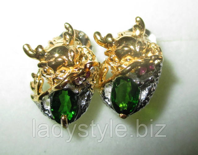 Серебряные серьги с хромдиопсидом от студии LadyStyle.Biz купить оригинальное украшение кольцо перстень подарок натуральный танзанит