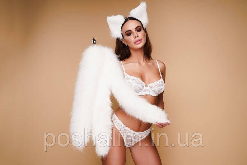 Анальна пробка з хвостиком, потрійний білий OKOVA, 73 см, фото 1