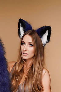 Хутряні вушка триколірні: чорний, синій, білий OKOVA