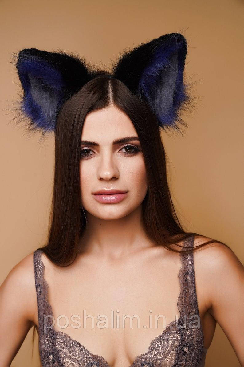 Хутряні вушка триколірні: чорний, сірий, синій OKOVA, фото 1