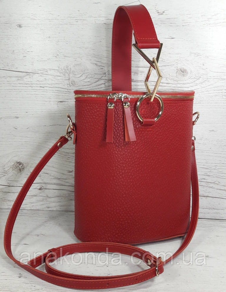 642 Натуральна шкіра Сумка жіноча червона шкіряна Сумка-ведро bucket bag Сумка жіноча з натуральної шкіри