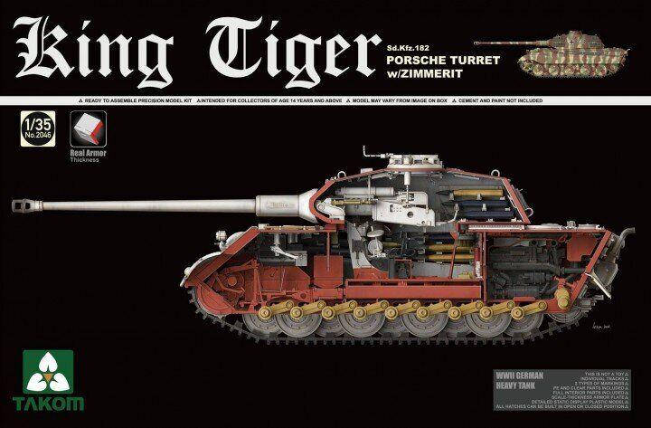 Збірна модель німецького танка. King Tiger Sd.Kfz.182 PORSCHE TURRET w/ZIMMERIT. 1/35 TAKOM 2046, фото 1