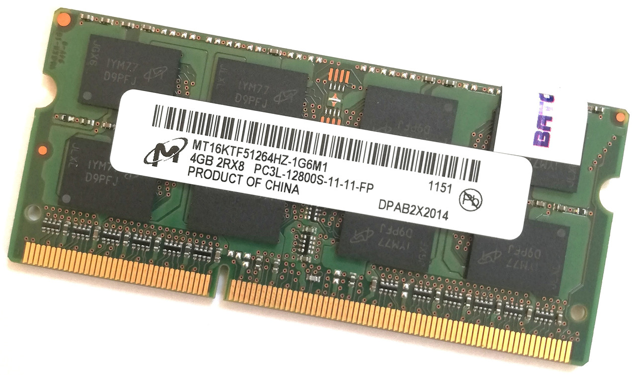 Оперативна пам'ять ноутбука Micron SODIMM DDR3L 4G 1600MHz PC3L-12800s 2R8 CL11 (MT16KTF51264HZ-1G6M1) Б/В