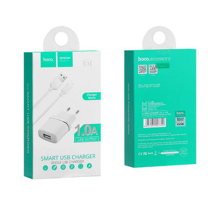 Зарядний пристрій (зарядка) для телефону Hoco C11 1 А+ кабель micro USB Білий, фото 1
