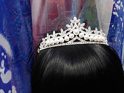 Срібна велика корона тіара з білими каменями та перлинами гірський кришталь