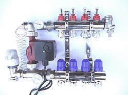 Колектор STS для теплої підлоги на 4 виходи, латунь нікель + насос окремо
