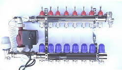 Колектор STS для теплої підлоги на 8 виходів, латунь нікель + насос окремо