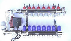 Колектор STS для теплої підлоги на 9 виходів, латунь нікель. + насос окремо
