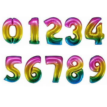Гелієві фольговані кульки у формі цифр від 0 до 9 колір райдужний