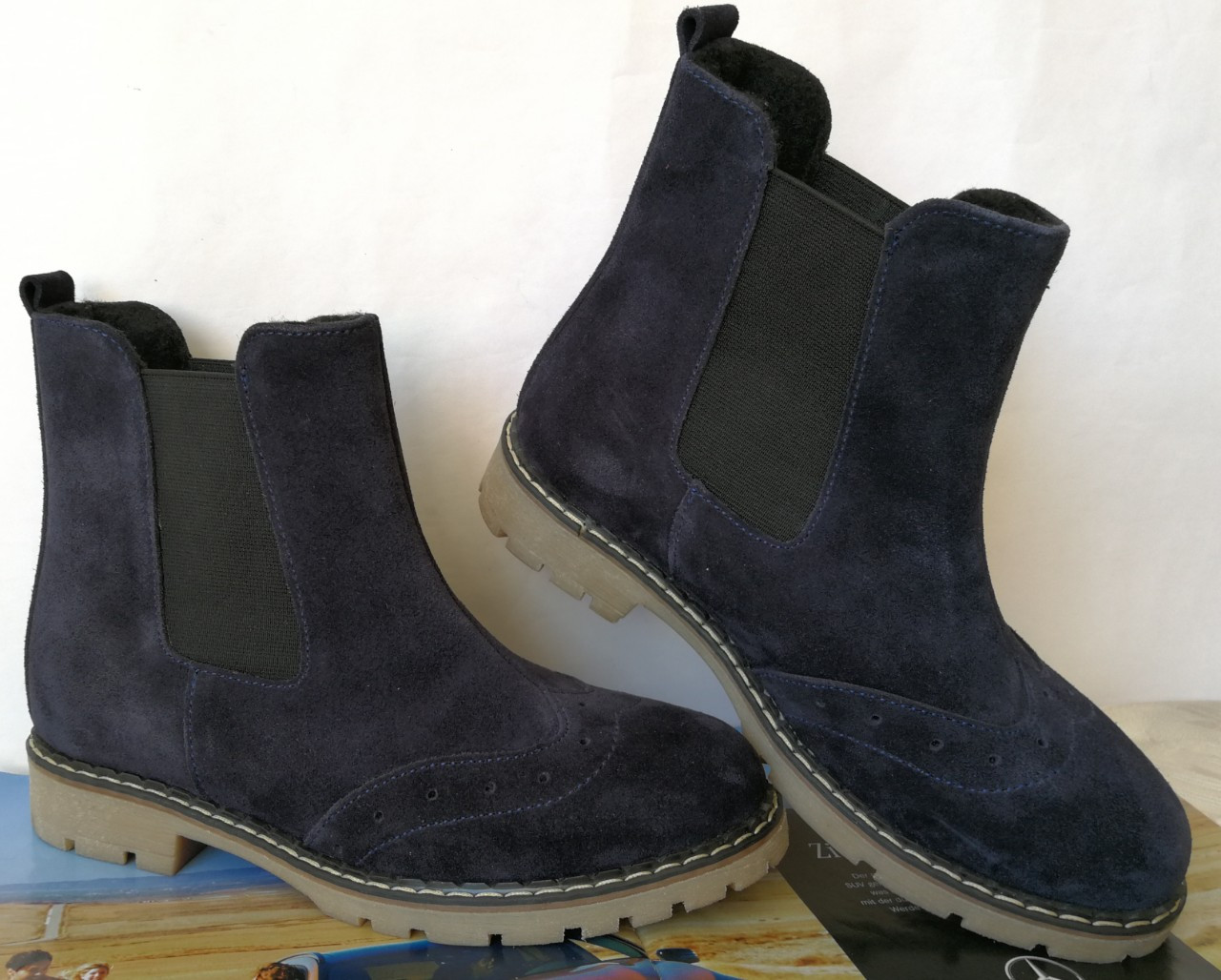 Жіночі сині черевики натуральна замша весна-осінь у стилі Timberland зручні чобітки на гумках 36