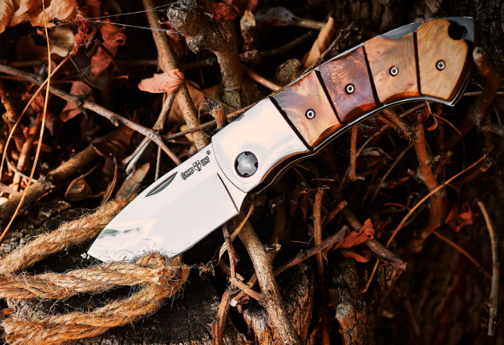 Ніж складаний великий, з масивним клинком, стійкий до забруднення та вологи, рукоять з капової берези,, фото 1