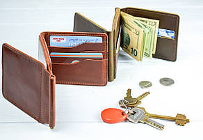 Шкіряний затиск для грошей подвійний з відділеннями для карт. Колір бренді