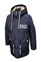 Зимняя удлиненная куртка-парка OffWhite на мальчика подростка на овчине 152,158,164