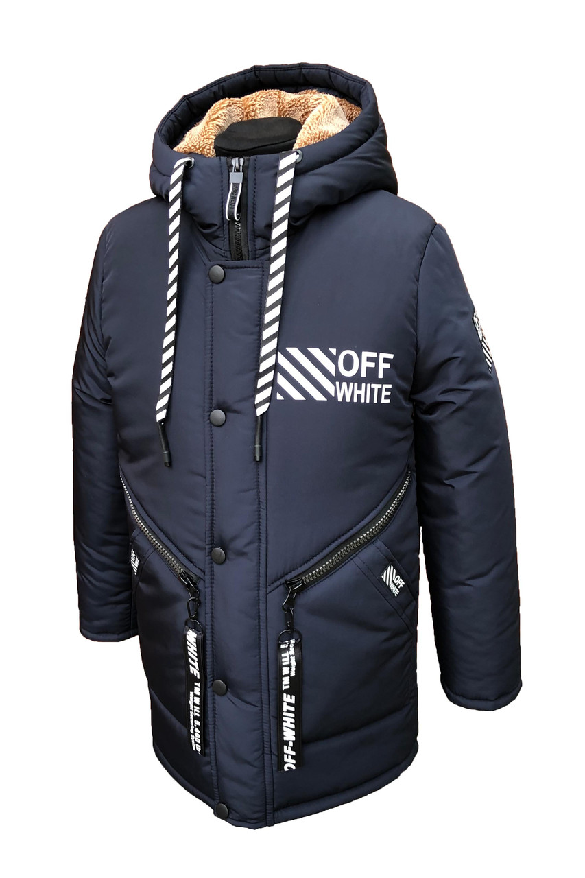 Зимняя удлиненная куртка-парка OffWhite на мальчика подростка на овчине 152,158,164 - фото 1 - id-p1031703041