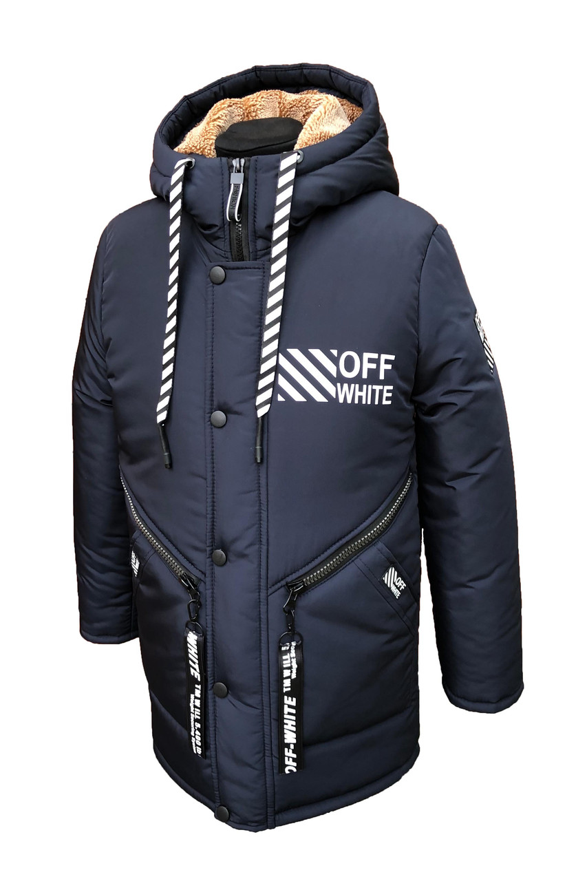 Зимняя удлиненная куртка-парка OffWhite на мальчика подростка на овчине ...