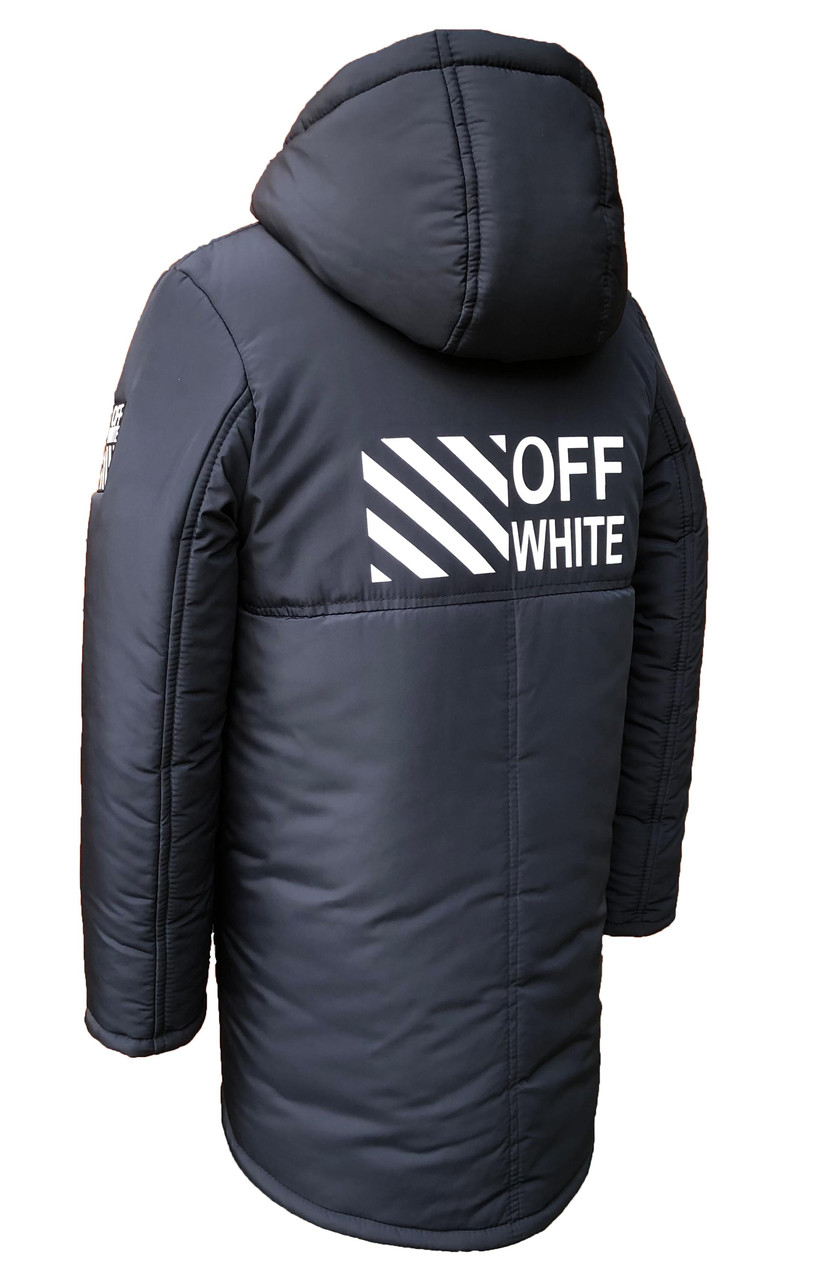 Зимняя удлиненная куртка-парка OffWhite на мальчика подростка на овчине 152,158,164 - фото 3 - id-p1031703041