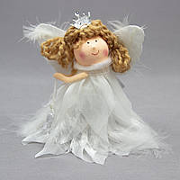 Новогодняя елочная игрушка - фигурка Ангелочек со звездой, 11 см, белый, текстиль (220037-1)