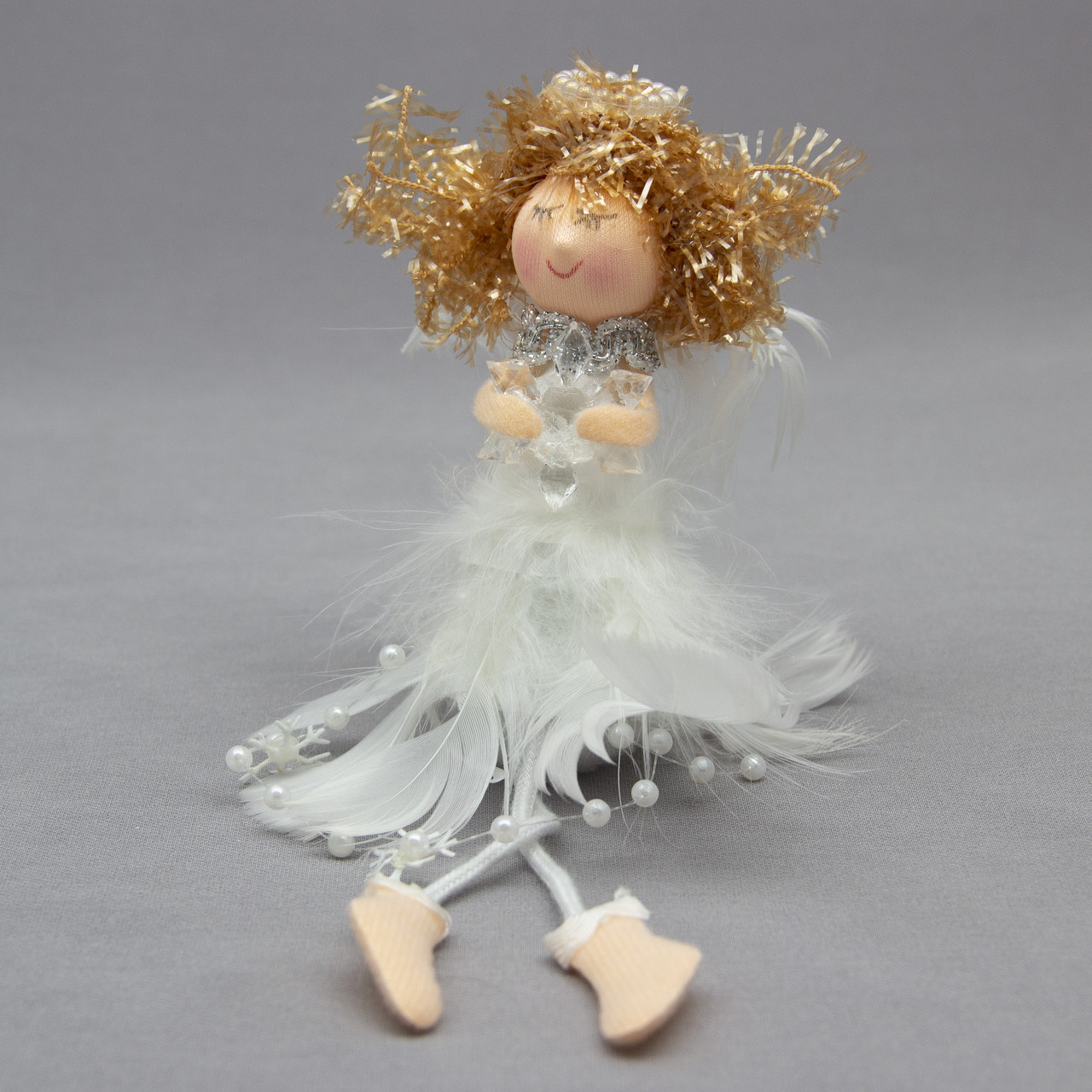 Новорічна ялинкова іграшка - фігурка Янголятко зі сніжинкою, 20 см, білий, текстиль (220068-2), фото 1