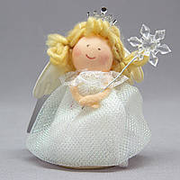 Новогодняя елочная игрушка - фигурка Ангелочек со снежинкой на палочке, h-10 см, белый, текстиль (220310-2)
