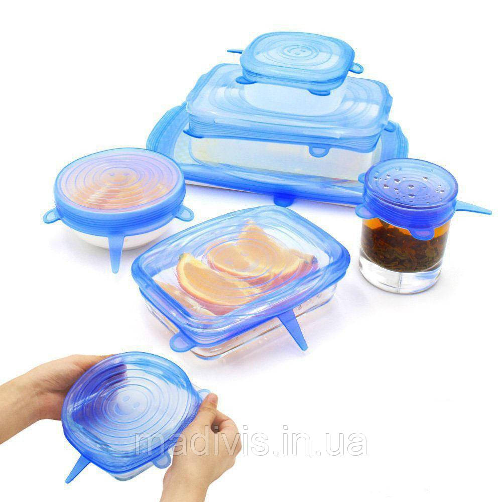 Набор многоразовых силиконовых крышек для посуды 6 штук Super Stretch SILICONE Lids СИНИЕ - фото 5 - id-p1033016396