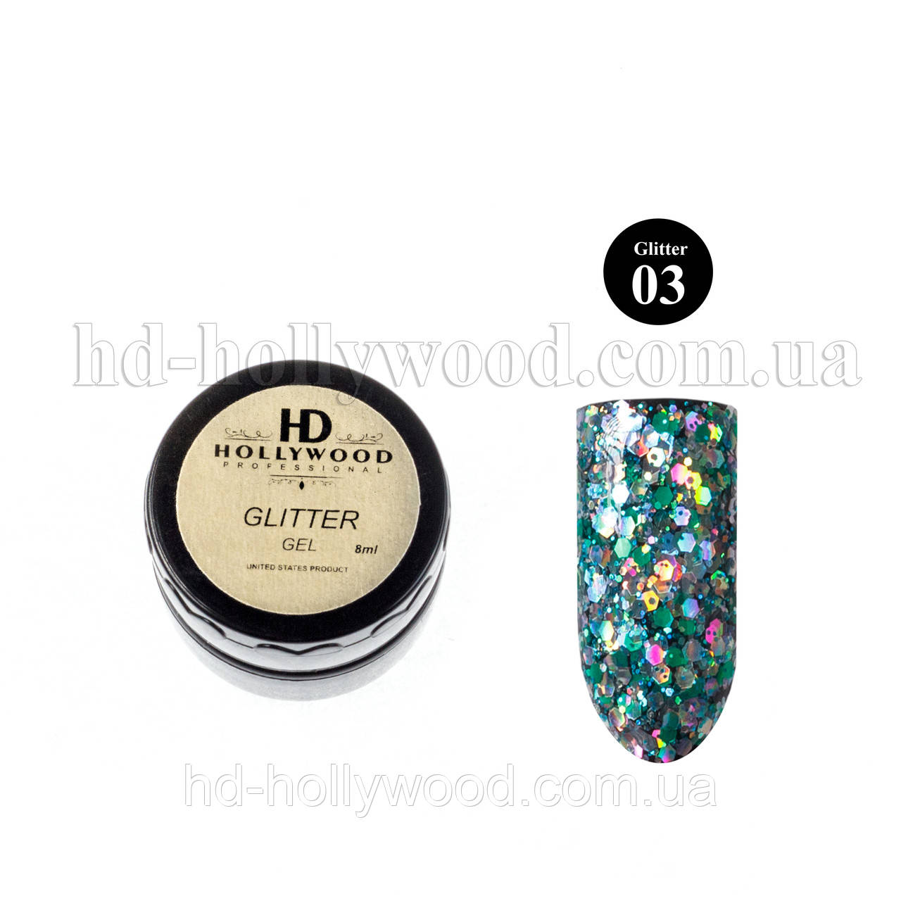 Гель лак Зелений Гліттер гель 03 HD Hollywood 8 ml, фото 1