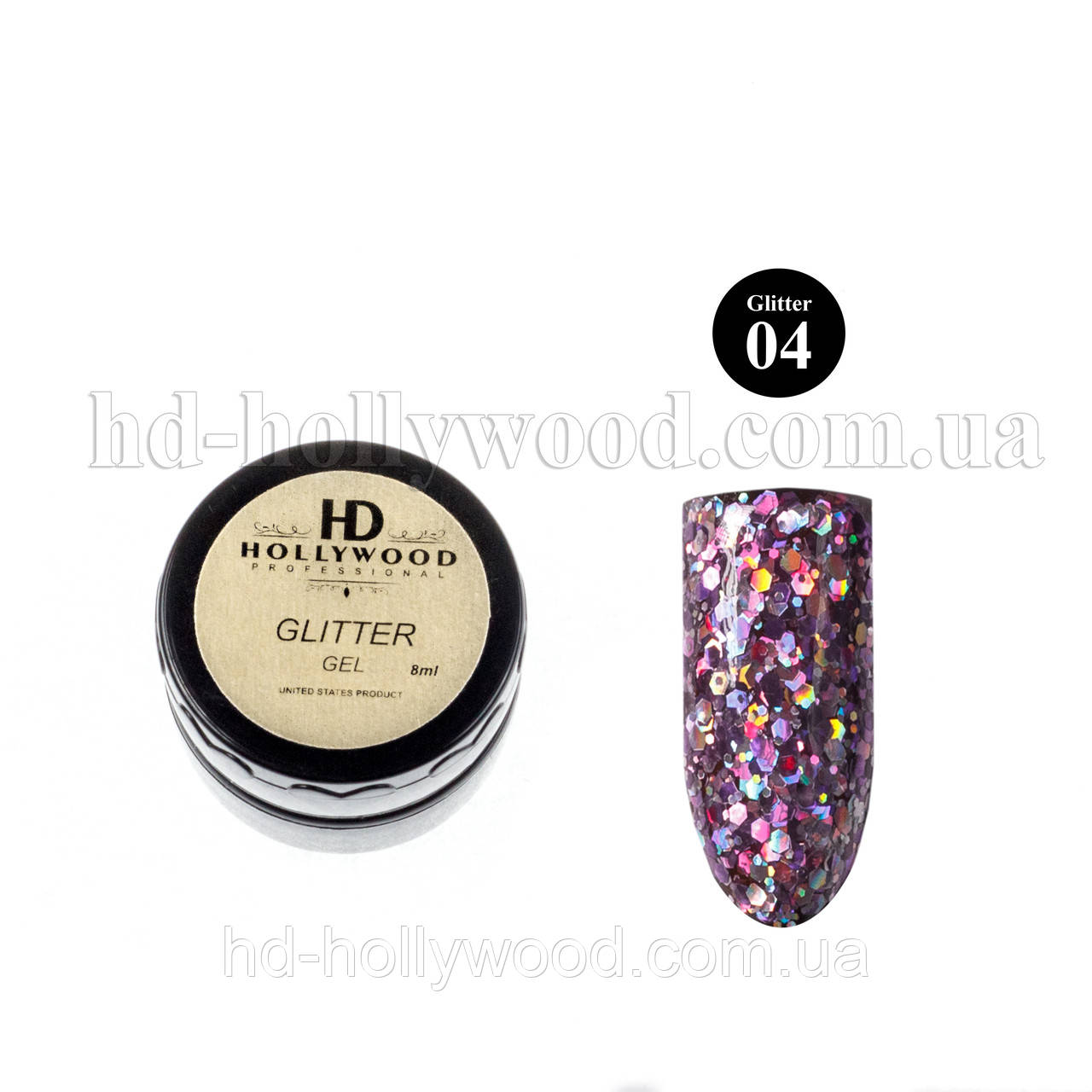 Гель лак Фіолетовий Гліттер гель 04 HD Hollywood 8 ml, фото 1