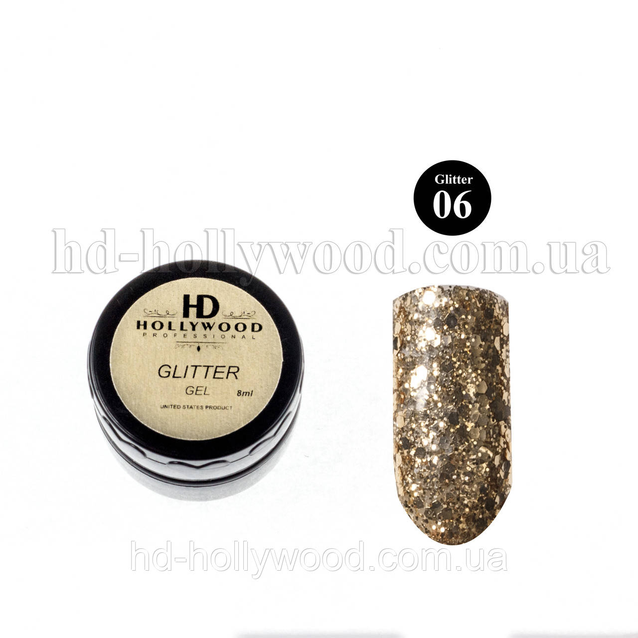 Гель лак Золото Гліттер гель 06 HD Hollywood 8 ml, фото 1