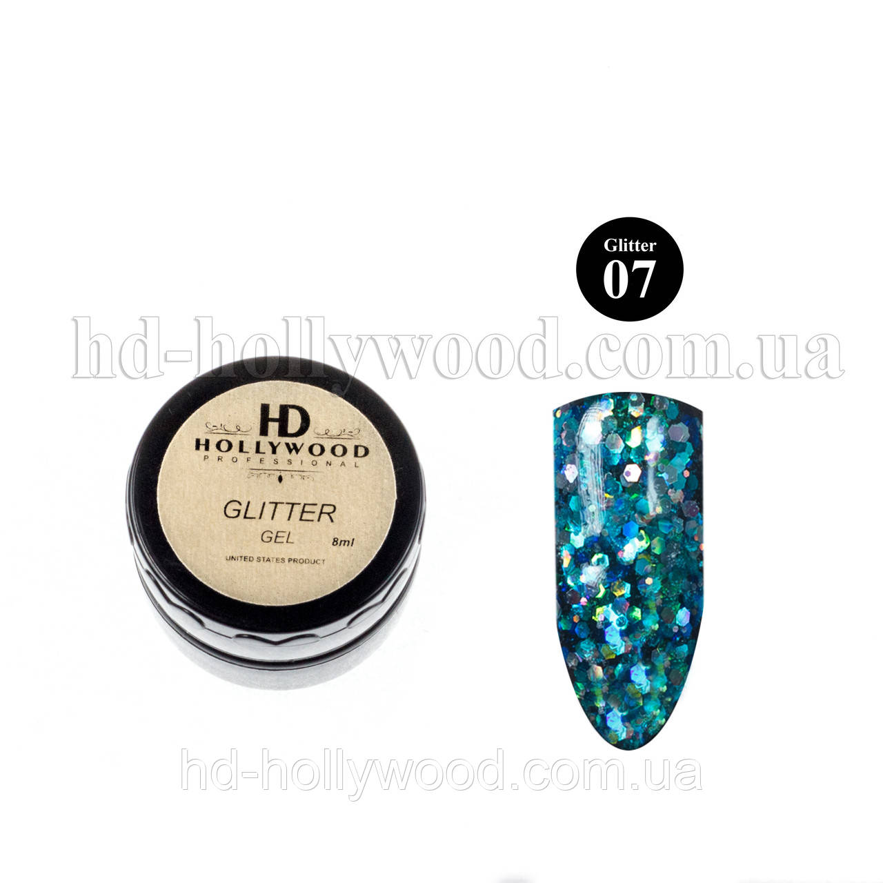 Гель лак Блакитний Гліттер гель 07 HD Hollywood 8 ml, фото 1