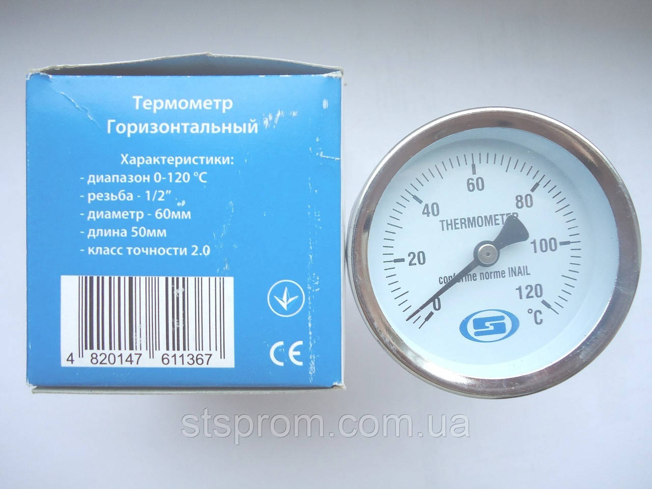 Термометр 1/2", діам 60 мм, 0-120C Грос Gross горизонтальний, заглибний