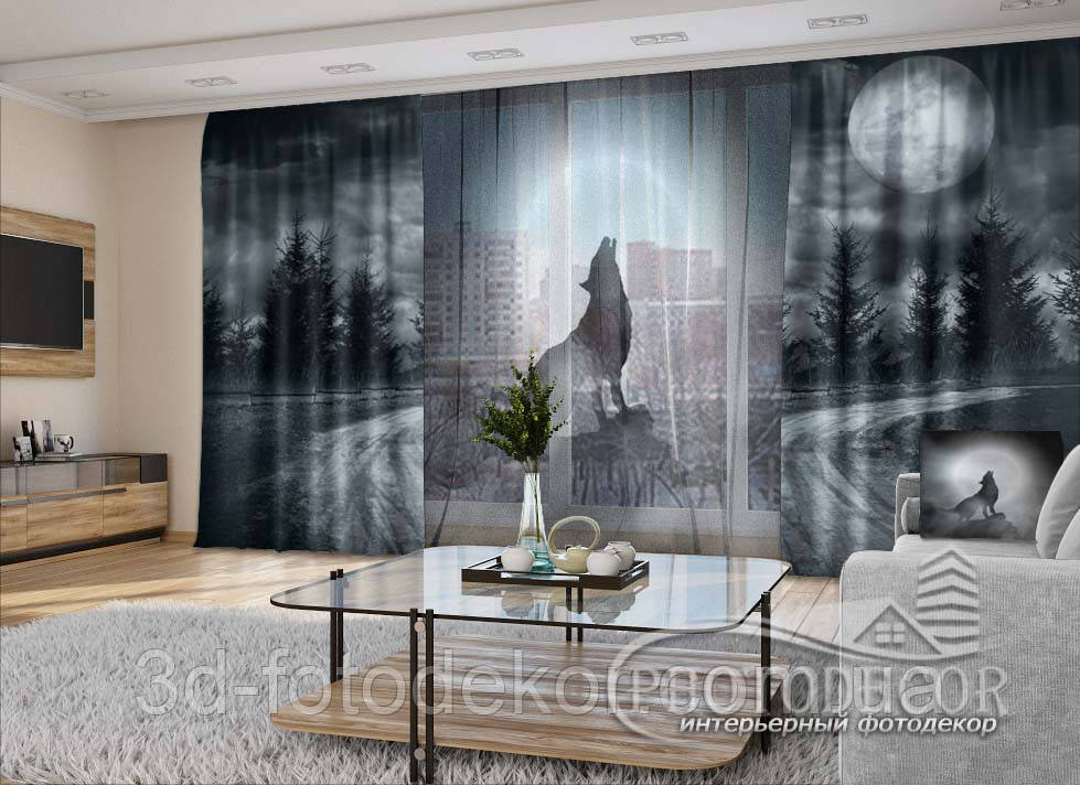3D - Фото Штори і тюль "Вовк при місяці" - будь-який розмір. Читаємо опис!