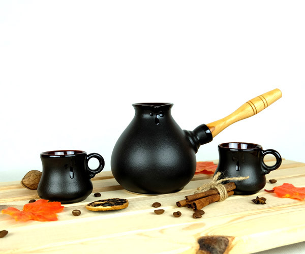 Турка Капля керамічна з дерев'яною ручкою в наборі з чашками 500 мл