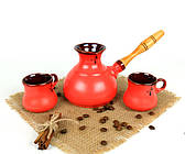Турка Червона керамічна с дерев'яною ручкою та чашками 350 мл