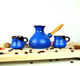 Турка Синя керамічна з дерев'яна яною ручкою та чашками 350 мл, фото 2