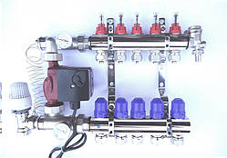 Колектор STS для теплої підлоги на 5 виходів, латунь нікель. + насос окремо