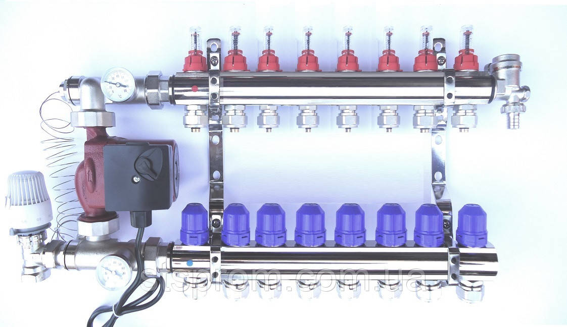Колектор STS для теплої підлоги на 11 виходів, латунь нікель. + насос окремо, фото 1