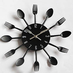 Настінний годинник на кухню Ложки-вилки "ChocoPie" — Потужна прикраса для кафе та кухні (Метал, 30 х 30 см) Чорний