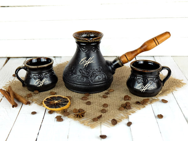 Турка Лотос керамічна з дерев'яною ручкою в наборі з чашками 450 мл