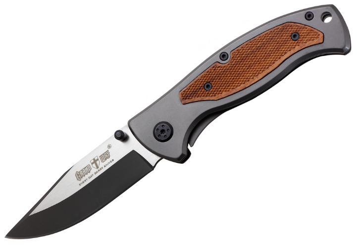 Ніж складний з металевої та дерев'яної ручкою, клинок форми типу Clip Point, з кліпсою однопозиционной