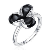 Кольцо серебристо-черный цветок покрытие 925 серебро проба фианиты