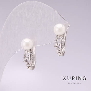 Сережки Xuping родій з перлами Майорка і білими стразами 6х18мм