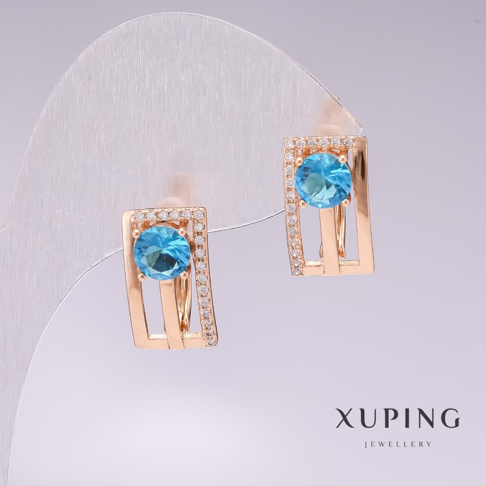 Сережки Xuping позолота 18к з блакитним камінням та білими стразами 16х9мм