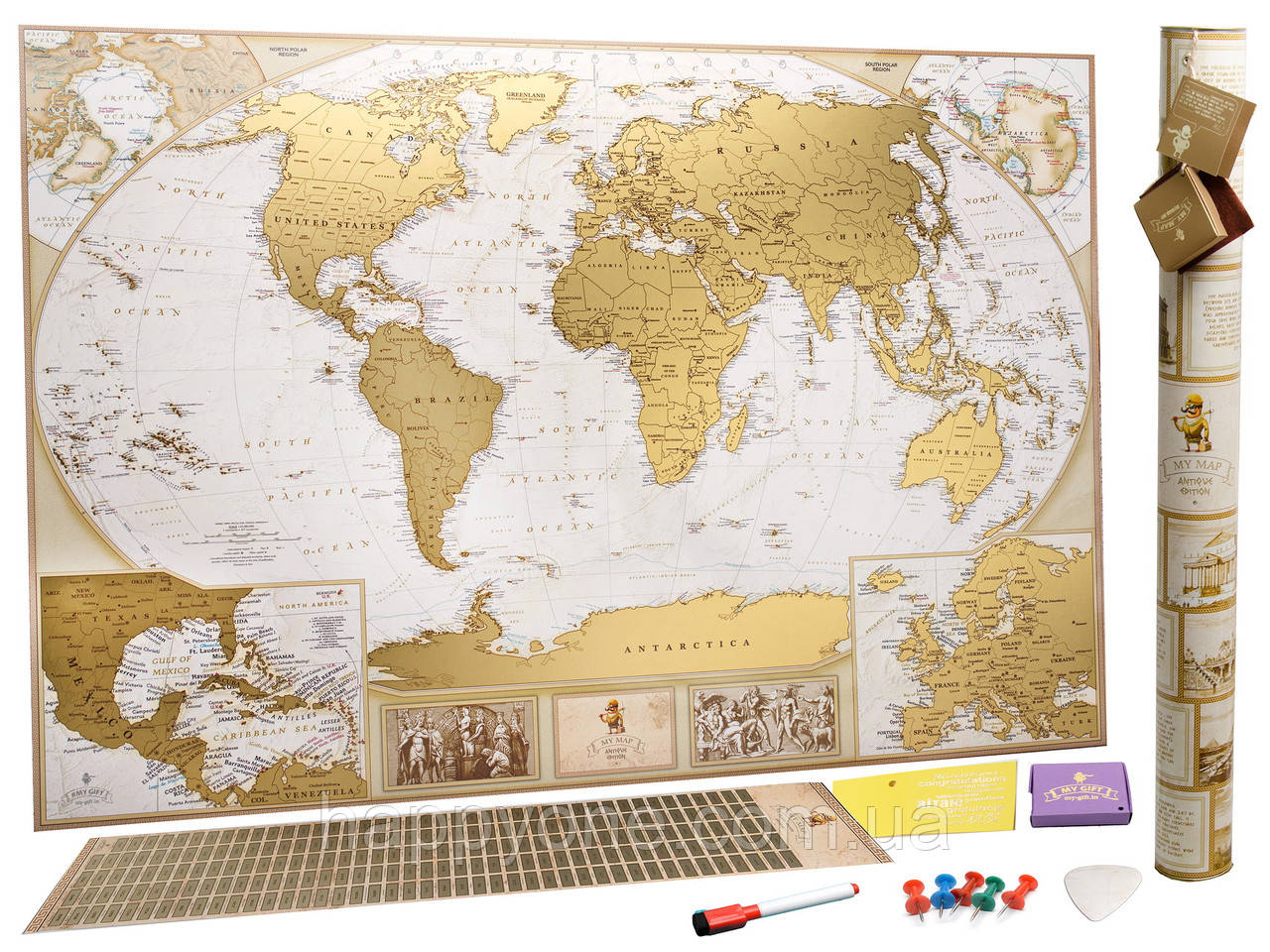 Скретч-мапа світу My Map Antique edition CARIBBEAN (англійська мова) у тубусі, фото 1
