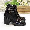 Черевики жіночі на стійкому каблуці, чорний сатин і лакова шкіра, фото 5