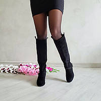 Чоботи жіночі зимові високі труби натуральна замша колір чорний розмір 35 - 41, високі зимові чоботи жіночому