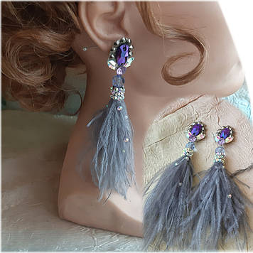 Сережки з пір'ям Опал, ручної роботи, скло