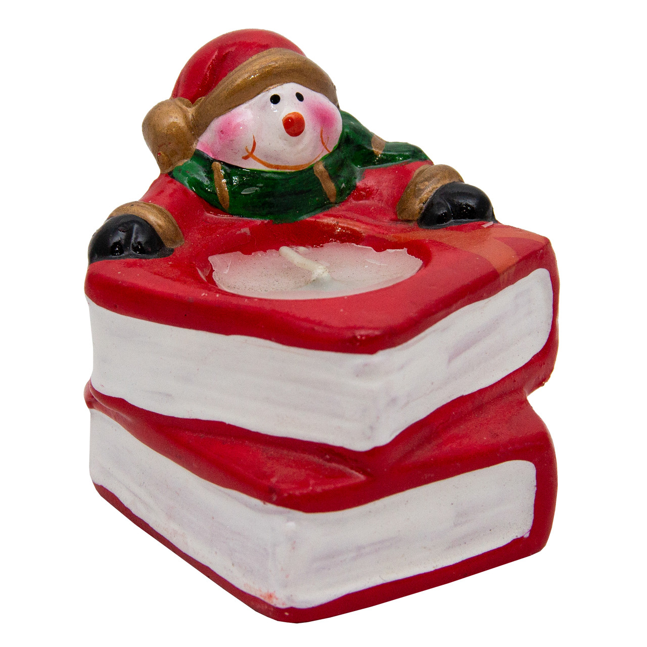 Свічник - Сніговик з книгами зі свічкою, 8x7,5x6,5 см, червоний з білим, кераміка (790111-2)
