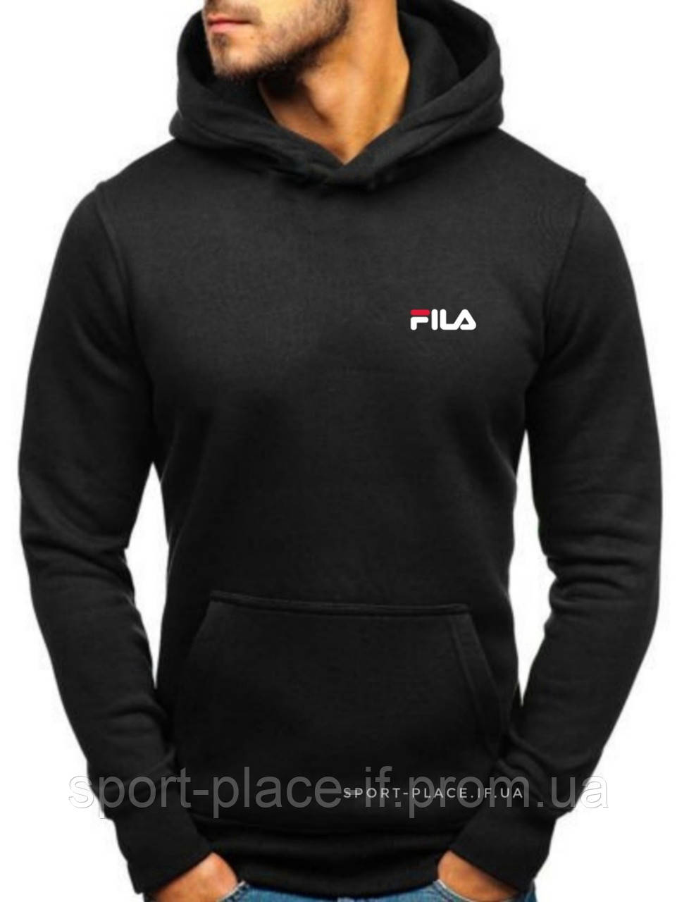 Чоловіча толстовка Fila (Філа) чорна (маленька емблема) кенгуру худі