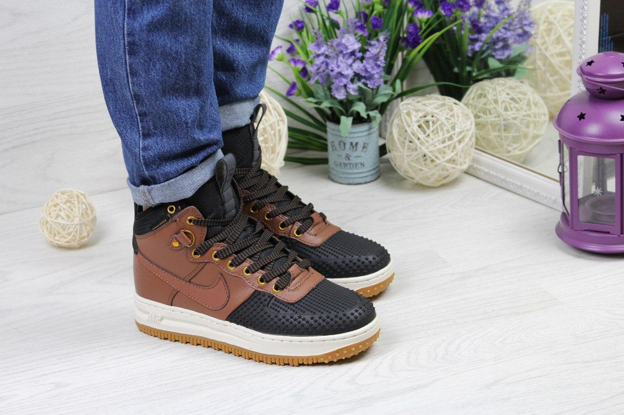 Жіночі кросівки Nike (Найк) Lunar Force 1 (високі, шкіра, чорні з коричневим)